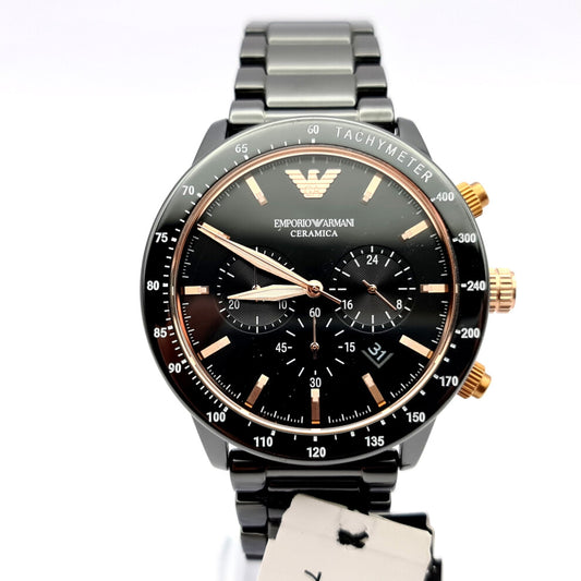 NEW EMPORIO ARMANI AR70002 MEN'S WATCH BLACK CERAMICA ROSE GOLD CHRONO